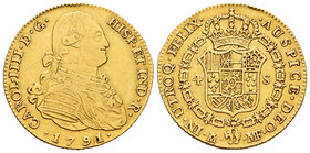 Charles IV (1788-1808). 4 escudos. 1791. Madrid. MF. (Cal-201). Au. 13,57 g. Leves golpecitos. VF/Choice VF. Est...600,00.