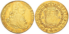 Charles IV (1788-1808). 8 escudos. 1805. Madrid. FA. (Cal-35). (Cal onza-1014). Au. 26,96 g. Bonito color. Very scarce. Almost XF. Est...1400,00.