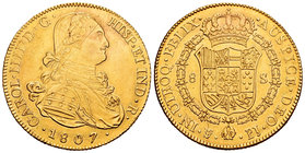 Charles IV (1788-1808). 8 escudos. 1807. Potosí. PJ. (Cal-114). (Cal onza-1107). Au. 26,90 g. Anverso ligeramente limpiado, leves rayas y brillo origi...