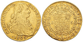 Charles IV (1788-1808). 8 escudos. 1805. Santa Fe de Nuevo Reino. JJ. (Cal-141). (Cal onza-1144). Au. 27,08 g. Scarce. Almost VF. Est...1100,00.
