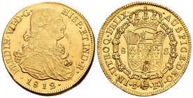 Ferdinand VII (1808-1833). 8 escudos. 1812. Santiago. FJ. (Cal-118). (Cal onza-1352). Au. 27,07 g. Hoja en reverso. Almost XF/XF. Est...1200,00.