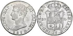 Joseph Napoleon (1808-1814). 20 reales. 1810. Madrid. AI. (Cal-25). Ag. 26,79 g. Águila grande. Oxidaciones limpiadas en reverso y parte de brillo ori...