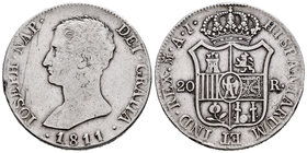 Joseph Napoleon (1808-1814). 20 reales. 1811. Madrid. AI. (Cal-27). Ag. 26,79 g. Rayas y golpecitos. Almost VF/VF. Est...170,00.