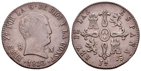 Ferdinand VII (1808-1833). 8 maravedís. 1823. Jubia. (Cal-1557). Ae. 10,81 g. Tipo cabezón. Rare. Choice F. Est...60,00.