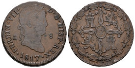Ferdinand VII (1808-1833). 8 maravedís. 1817. Segovia. Ae. 11,31 g. Segundo busto. Choice F. Est...40,00.