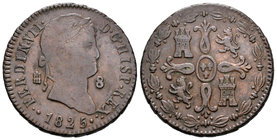 Ferdinand VII (1808-1833). 8 maravedís. 1825. Segovia. Ae. 11,34 g. Con 2 puntos a cada lado, uno grande y otro pequeño. Rare. VF. Est...75,00.