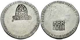 Ferdinand VII (1808-1833). 1 duro. 1808. Gerona. (Cal-428). Ag. 24,94 g. Estuvo en aro. Choice VF. Est...110,00.