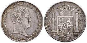 Ferdinand VII (1808-1833). 20 reales. 1822. Madrid. SR. (Cal-516). Ag. 26,64 g. Tipo "cabezón". Scarce. VF. Est...160,00.