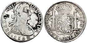 Ferdinand VII (1808-1833). 8 reales. 1809. México. TH. (Cal-539). Ag. 26,51 g. Busto imaginario. Choice F. Est...60,00.