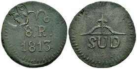 Ferdinand VII (1808-1833). 8 reales. 1813. Morelos. (Cal-578). Ae. 22,39 g. Sin adornos. Resello de Morelos. Choice VF. Est...70,00.