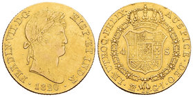 Ferdinand VII (1808-1833). 4 escudos. 1820. Madrid. GJ. (Cal-217). Au. 13,53 g. Golpecitos en el canto y rayitas. VF/Choice VF. Est...550,00.