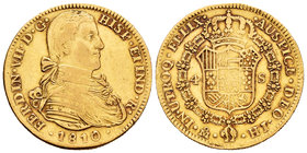 Ferdinand VII (1808-1833). 4 escudos. 1810. México. HJ. (Cal-154). Au. 13,48 g. Busto imaginario. Rare. VF/Choice VF. Est...900,00.