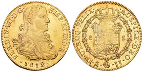 Ferdinand VII (1808-1833). 8 escudos. 1812. México. JJ. (Cal-50). (Cal onza-1260). Au. 26,93 g. Busto imaginario. Brillo original. XF/AU. Est...1250,0...