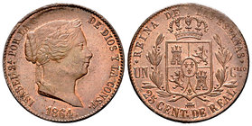 Elizabeth II (1833-1868). 25 céntimos de real. 1864. Segovia. (Cal-599). Ae. 9,59 g. It retains some luster. AU. Est...120,00.