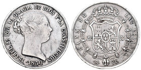 Elizabeth II (1833-1868). 20 reales. 1850. Madrid. CL. (Cal-170). Ag. 25,95 g. Limpiada y golpecitos en el canto. Choice F/Almost VF. Est...140,00.