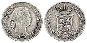 Elizabeth II (1833-1868). 20 céntimos de escudo. 1868*6-8. Madrid. (Cal-394). Ag. 2,56 g. Choice F. Est...20,00.