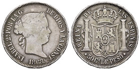Elizabeth II (1833-1868). 50 centavos. 1868. Manila. (Cal-1868). Ag. 12,76 g. Golpecitos en el canto. Choice F. Est...30,00.