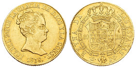 Elizabeth II (1833-1868). 80 reales. 1838. Barcelona. PS. (Cal-53). Au. 6,73 g. Leyenda CONST. Choice VF. Est...250,00.