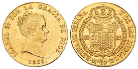 Elizabeth II (1833-1868). 80 reales. 1835. Madrid. CR. (Cal-68). Au. 6,74 g. Brillo original. Atractiva. Scarce even more in this condition. Almost UN...