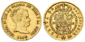 Elizabeth II (1833-1868). 80 reales. 1845. Sevilla. RD. (Cal-96). Au. 6,73 g. Golpecitos en el canto. Choice VF. Est...250,00.