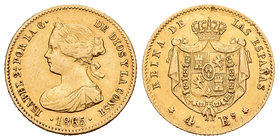 Elizabeth II (1833-1868). 4 escudos. 1865. Madrid. (Cal-108). Au. 3,29 g. Fue utilizada como joya. VF. Est...100,00.