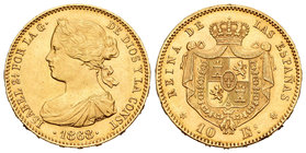 Elizabeth II (1833-1868). 10 escudos. 1868 *18-73. Madrid. (Cal-1). Au. 8,34 g. Leves golpecitos. Brillo original. AU. Est...320,00.