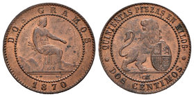 Provisional Government (1868-1871). 2 céntimos. 1870. Barcelona. OM. (Cal-26). Ae. 1,94 g. Almost XF. Est...30,00.
