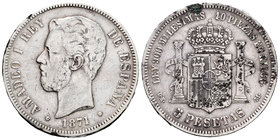 Amadeo I (1871-1873). 5 pesetas. 1871*18-71. Madrid. DEM. (Cal-9). Ag. 24,48 g. Oxidaciones. Rara. Choice F. Est...250,00.