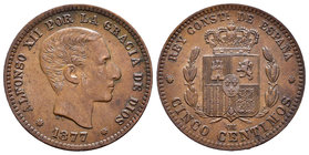 Alfonso XII (1874-1885). 5 céntimos. 1877. Barcelona. OM. (Cal-71). Ae. 5,03 g. Almost XF. Est...60,00.