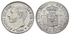 Alfonso XII (1874-1885). 50 céntimos. 1880*18-80. Madrid. MSM. (Cal-63). Ag. 2,50 g. Precioso ejemplar. Brillo original. UNC. Est...200,00.