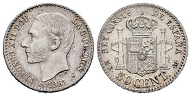 Alfonso XII (1874-1885). 50 céntimos. 1881*8-1. Madrid. MSM. (Cal-64). Ag. 2,56 g. Brillo original. XF/Almost XF. Est...150,00.