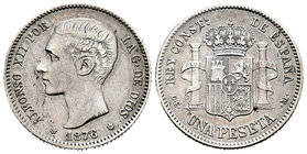 Alfonso XII (1874-1885). 1 pesetas. 1876*18-76. Madrid. DEM. (Cal-55). Ag. 5,01 g. Mínimas oxidaciones en anverso. VF. Est...50,00.