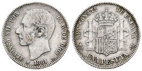 Alfonso XII (1874-1885). 1 pesetas. 1881*18-81. Madrid. MSM. (Cal-56). Ag. 4,91 g. Choice F. Est...60,00.