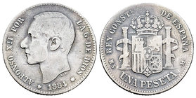 Alfonso XII (1874-1885). 1 peseta. 1884*_ _-_ _. Madrid. MSM. (Cal-60). Ag. 4,81 g. Rare. F. Est...300,00.