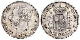 Alfonso XII (1874-1885). 1 peseta. 1885*18-86. Madrid. MSM. (Cal-62). Ag. 4,93 g. Escasa. Almost XF. Est...200,00.