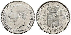 Alfonso XII (1874-1885). 2 pesetas. 1882*1_-82. Madrid. MSM. (Cal-51). Ag. 9,93 g. Mínimas marcas. Brillo original. Almost UNC. Est...160,00.