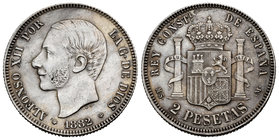 Alfonso XII (1874-1885). 2 pesetas. 1882*18-82. Madrid. MSM. (Cal-51). Ag. 10,00 g. Tono. XF/Almost XF. Est...100,00.