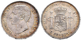 Alfonso XII (1874-1885). 5 pesetas. 1876*18-76. Madrid. DEM. (Cal-26a). Ag. 24,88 g. Pátina. Choice VF. Est...50,00.