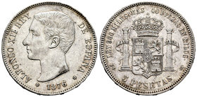 Alfonso XII (1874-1885). 5 pesetas. 1876*18-76. Madrid. DEM. (Cal-26a). Ag. 25,02 g. Rayitas. Almost XF. Est...60,00.