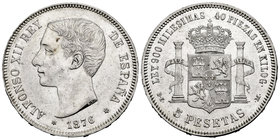 Alfonso XII (1874-1885). 5 pesetas. 1876*18-76. Madrid. DEM. (Cal-26a). Ag. 24,96 g. Restos de brillo original. Almost XF. Est...65,00.