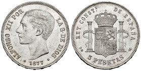 Alfonso XII (1874-1885). 5 pesetas. 1877*18-77. Madrid. DEM. (Cal-27). Ag. 25,14 g. Restos de brillo original. XF. Est...150,00.