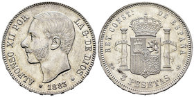 Alfonso XII (1874-1885). 5 pesetas. 1883*18-83. Madrid. MSM. (Cal-37). Ag. 24,80 g. It retains some luster. Almost XF. Est...90,00.