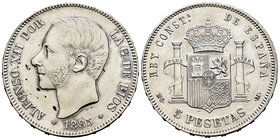 Alfonso XII (1874-1885). 5 pesetas. 1885*18-87. Madrid. MSM. (Cal-42). Ag. 24,86 g. Mínimas oxidaciones y ligeramente limpiada. XF. Est...120,00.
