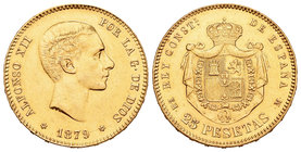 Alfonso XII (1874-1885). 25 pesetas. 1879 *18-79. Madrid. EMM. (Cal-9). Au. 8,03 g. Almost XF. Est...300,00.