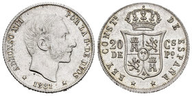 Alfonso XII (1874-1885). 20 centavos. 1881. Manila. (Cal-88). Ag. 5,14 g. Almost XF. Est...150,00.