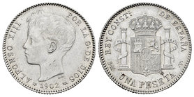 Alfonso XIII (1886-1931). 1 peseta. 1902*19-02. Madrid. SMV. (Cal-48). Ag. 4,98 g. Scarce. Almost XF. Est...100,00.