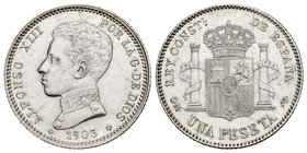 Alfonso XIII (1886-1931). 1 peseta. 1903*19-03. Madrid. SMV. (Cal-49). Ag. 5,01 g. AU. Est...100,00.