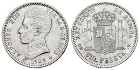 Alfonso XIII (1886-1931). 1 peseta. 1905*19-05. Madrid. SMV. (Cal-51). Ag. 5,02 g. Scarce. Choice VF. Est...120,00.