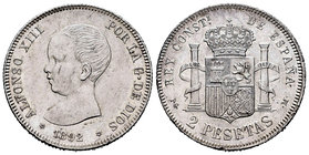 Alfonso XIII (1886-1931). 2 pesetas. 1892*18-92. Madrid. PGM. (Cal-32). Ag. 9,93 g. It retains some luster. Minor nicks. XF. Est...150,00.