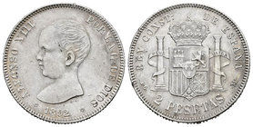 Alfonso XIII (1886-1931). 2 pesetas. 1892*18-92. Madrid. PGM. (Cal-32). Ag. 9,98 g. Slightly cleaned. Almost XF/XF. Est...120,00.